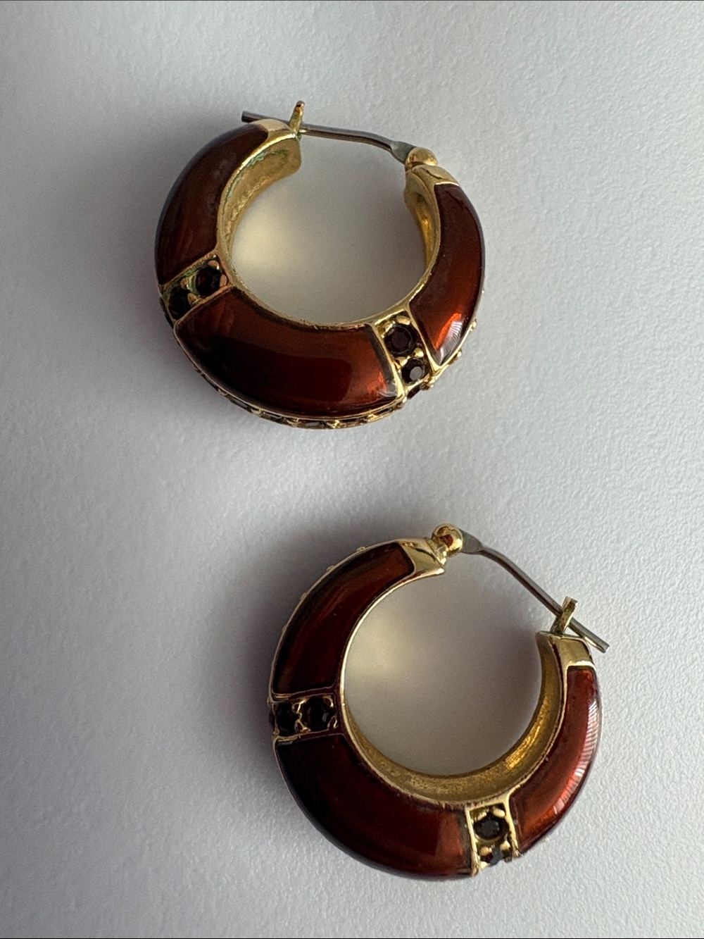 Vintage Enamel Earrings with Dark Ruby color Stones and Gold Finish - Picture 4 of 10